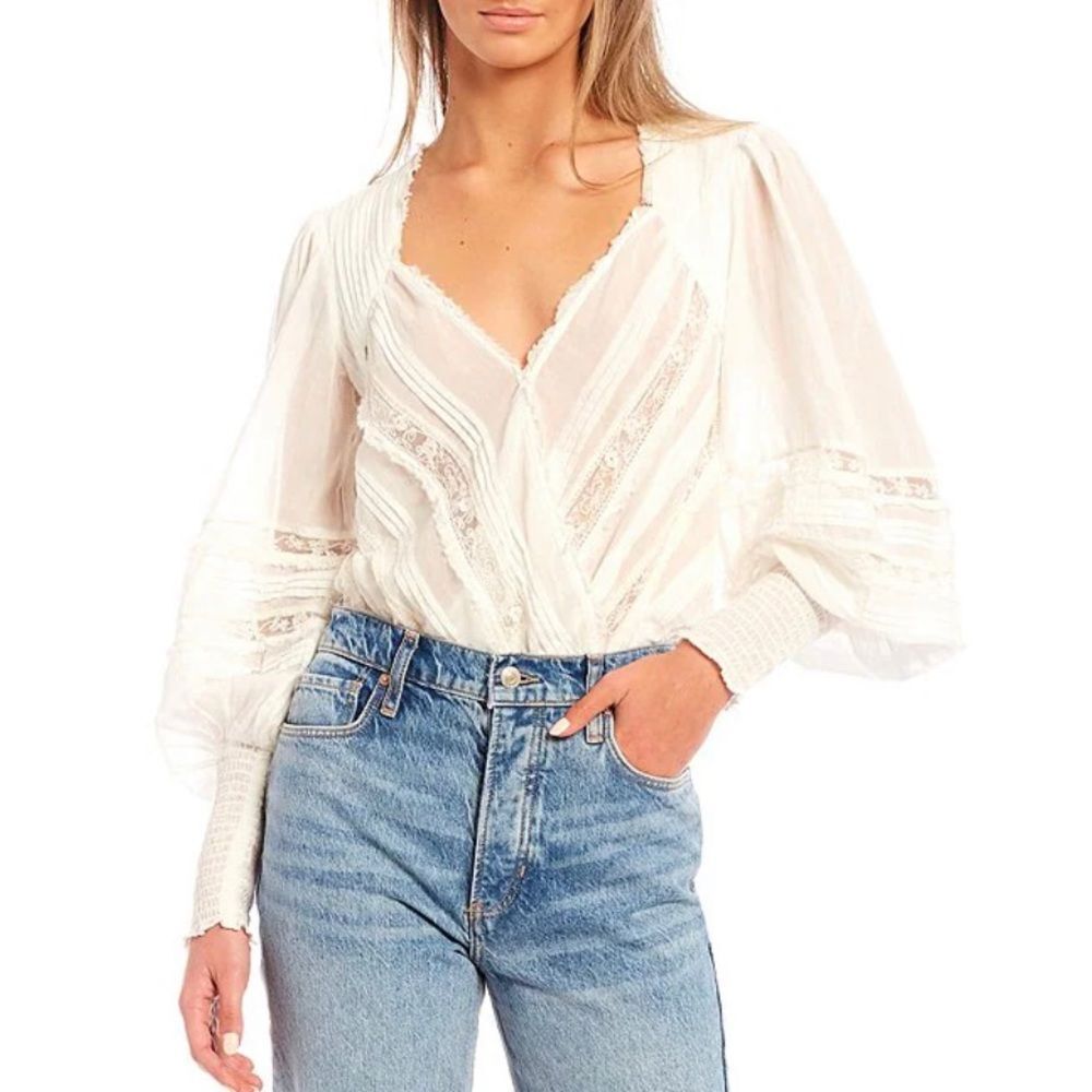 Free People Eloise lace trim smocked cuffs long balloon sleeve bodysuit NWT